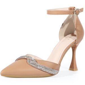 Pointed Toe Wedding Rhinestone Bow Ankle Strap Stiletto Heels Pump Nude